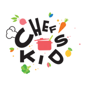 Black wording Chef Kids logo surrounded by vegetables and small abstract shapes. In the center is a cooking pot. Transparent. New Subscription box service for kids.